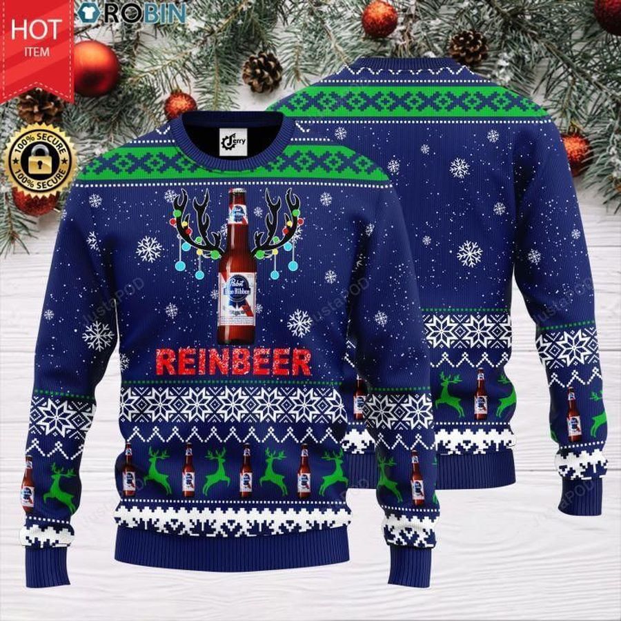 Reinbeer Pabst Blue Ribbon Beer Ugly Christmas Sweater All Over