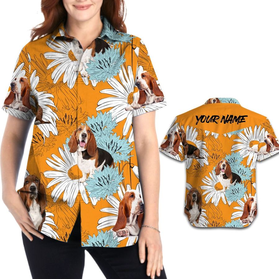 Retro Vintage Style Basset Hound Daisies Floral Women Hawaiian Aloha Beach Button Up Custom Name Shirt For Dog Lovers On Summer Vacation