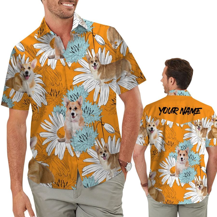 Retro Vintage Style Corgi Daisies Floral Men Hawaiian Aloha Beach Button Up Custom Name Shirt For Dog Lovers On Summer Vacation