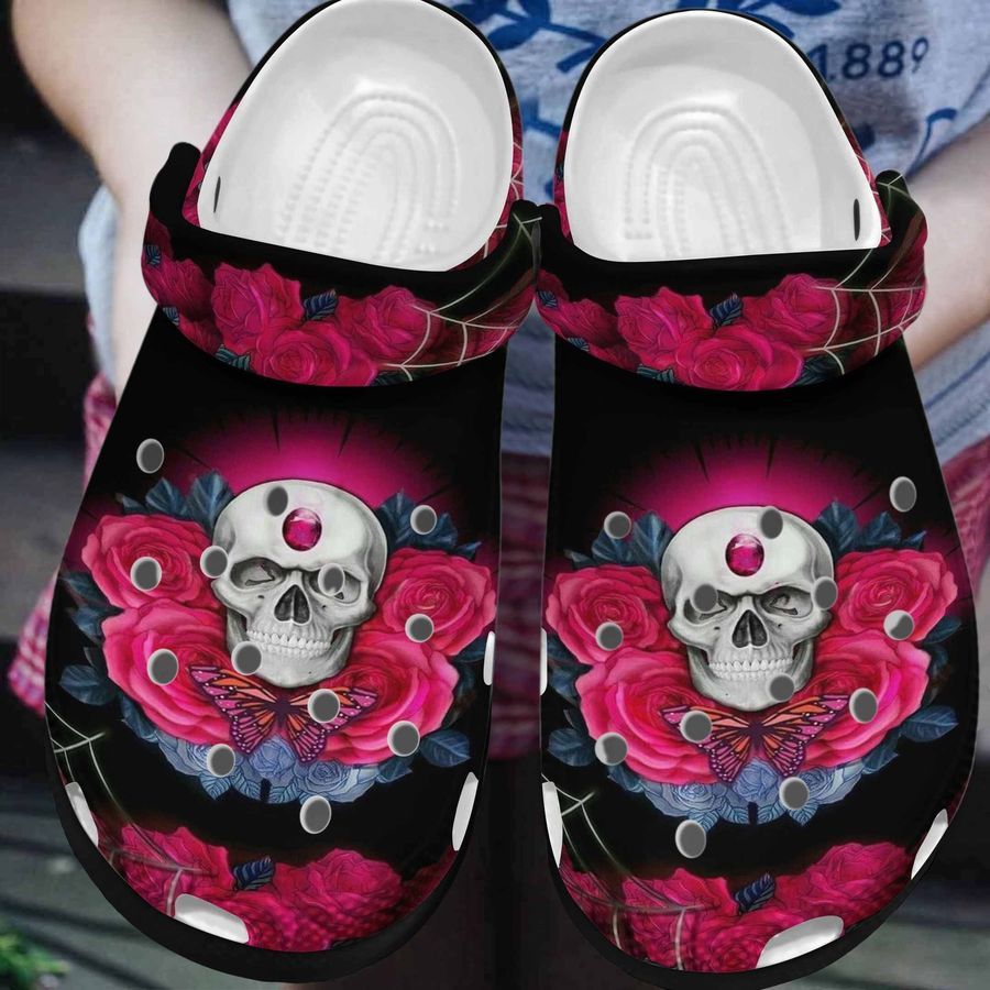 Roses Skullcap Butterfly Cool Gift For Lover Rubber Crocs Crocband Clogs, Comfy Footwear