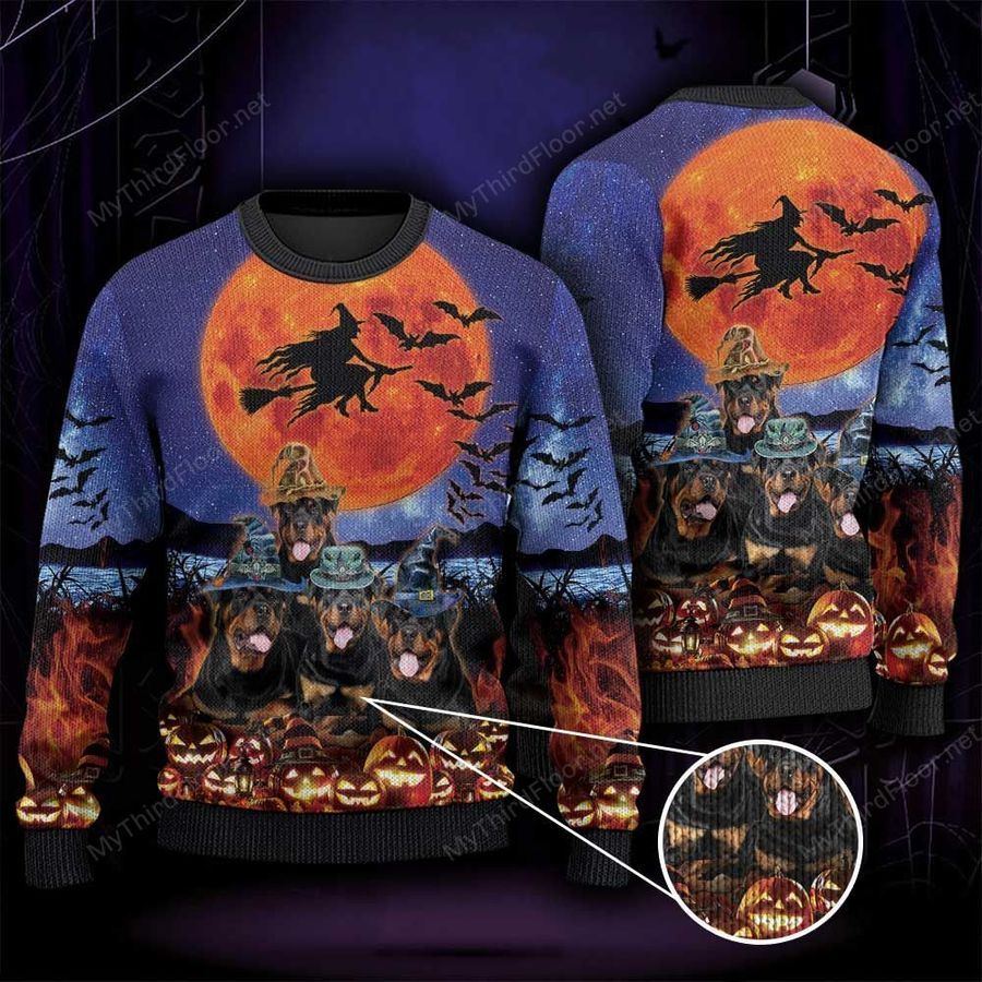 Rottweiler Dog Lovers Halloween Moon Ugly Sweater