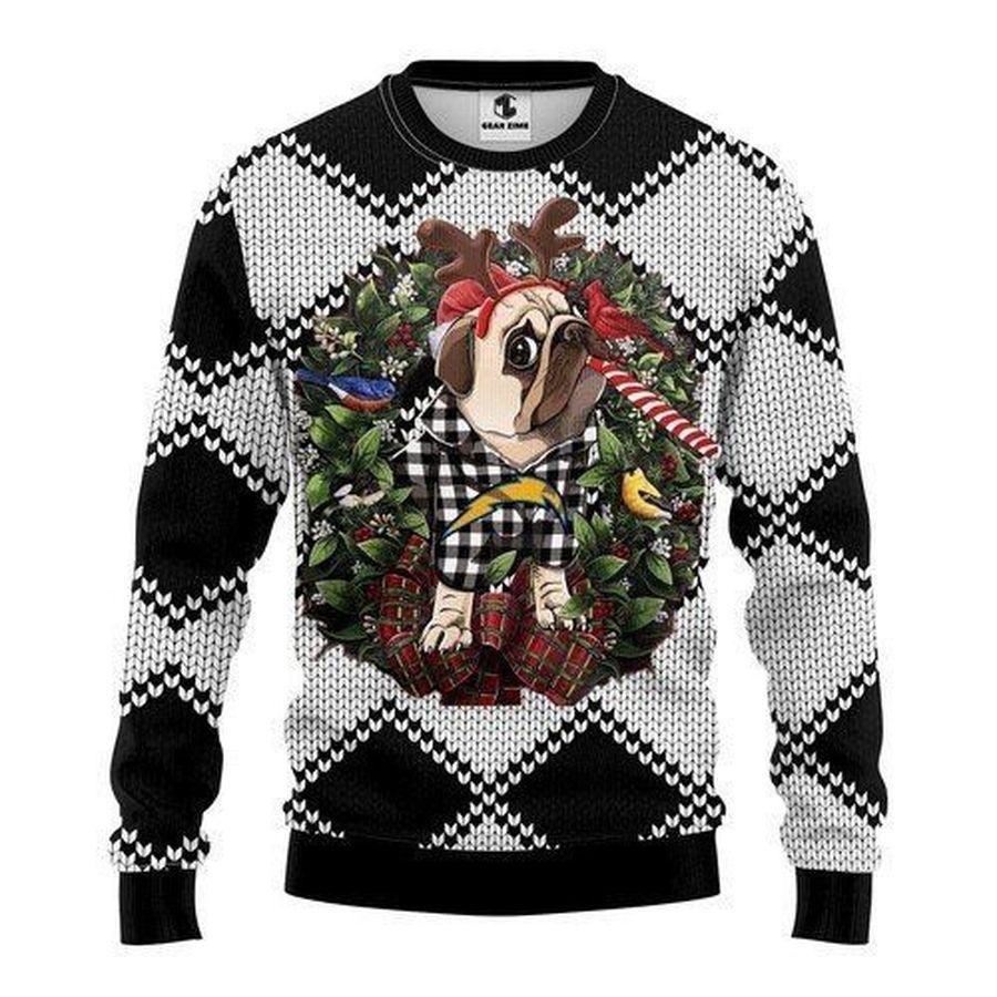 San Diego Chargers Pug Dog Ugly Christmas Sweater All Over