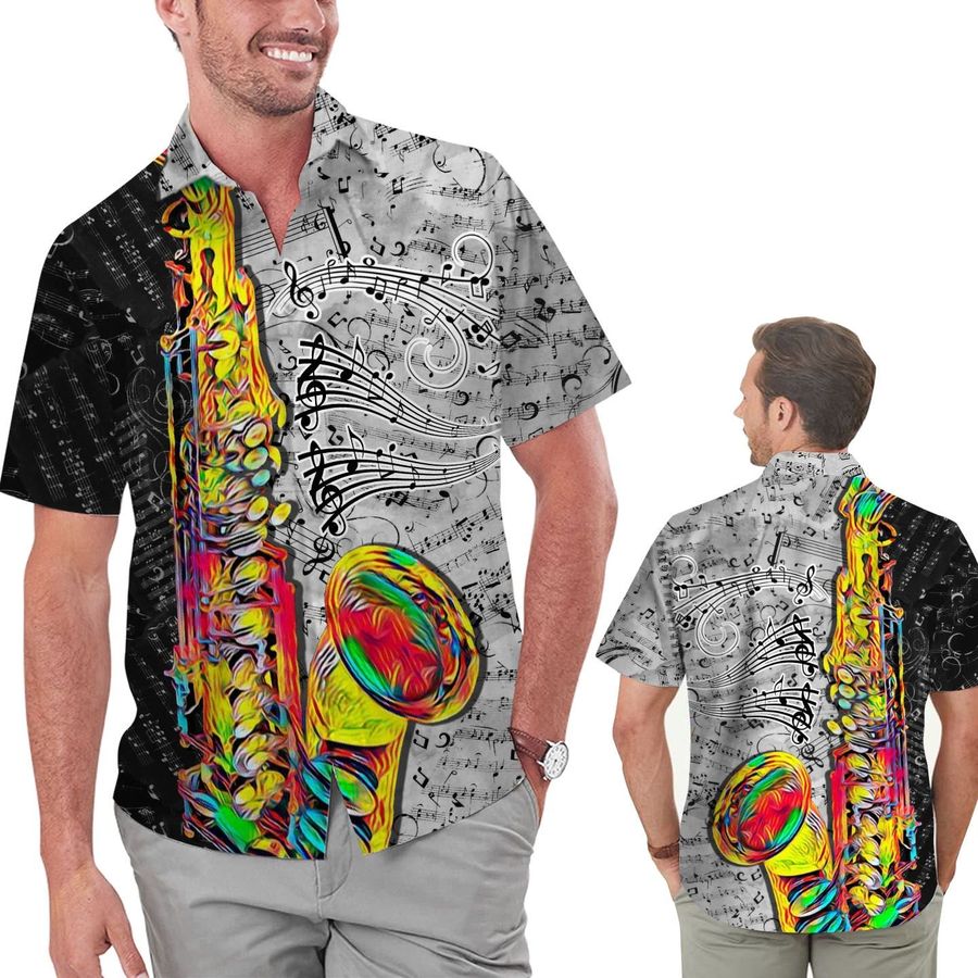 Saxophone Colorful Line Music Note Aloha Men Button Up Hawaiian Shirt For Musical Instrument Lovers On The Beach Summer