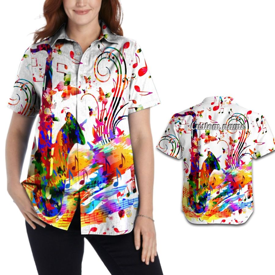 Saxophone Colorful Tropical Floral Custom Name Personalized Aloha Women Button Up Hawaiian Shirt For Music Lovers Summer