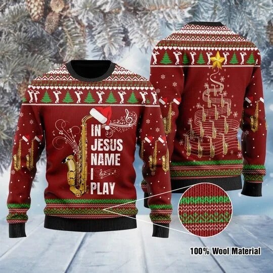 Saxophone Ugly Christmas All Over Print- In Jesus Name I Play Ugly Sweater For Saxophone Lovers Wool Sweater Unisex Size S-5XL