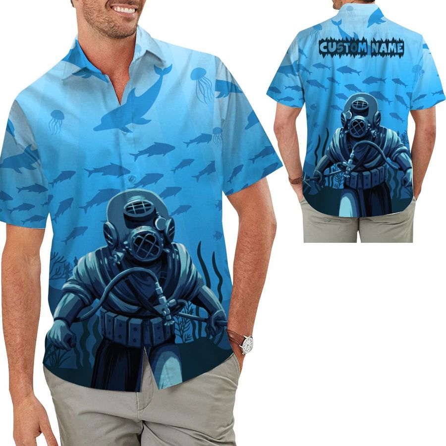 Scuba Diving Ocean Fish Custom Name Hawaiian Tropical Beach Button Up Men Shirt For Deep Sea Divers On Summer Vacation