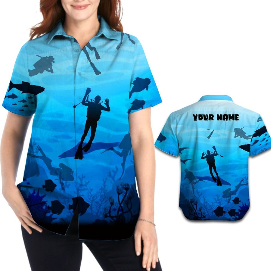 Scuba Diving Ocean Fish Tropical Beach Coral Custom Name Personalized Gifts Women Button Up Hawaiian Shirts For Divers