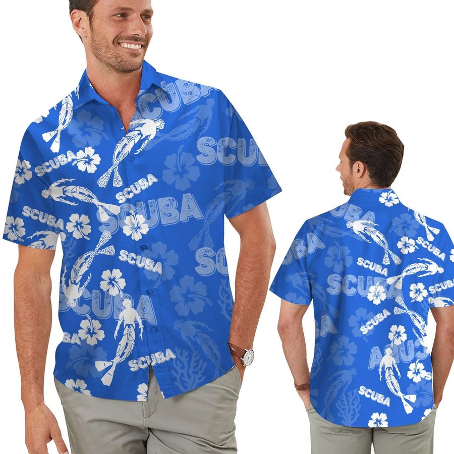 Scuba Diving Ocean Tropical Floral Beach Coral Men Aloha Button Up Hawaiian Shirts For Divers In Daily Life