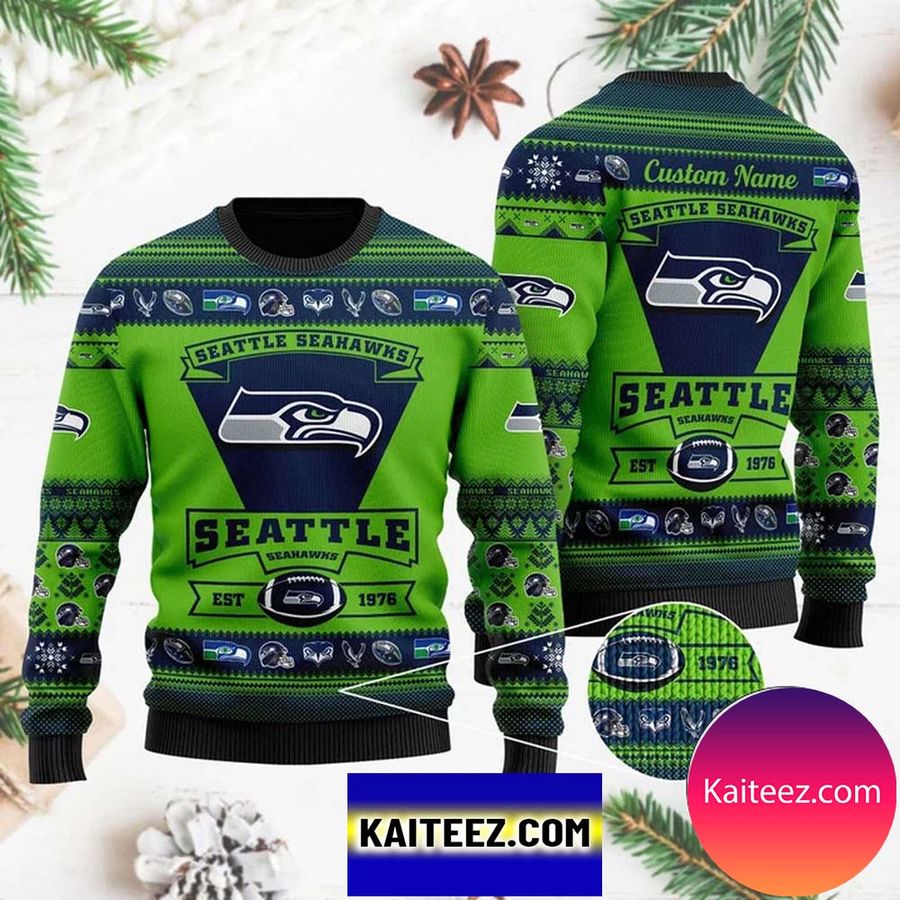 Seattle Seahawks Football Team Logo Custom Name Personalized Christmas Ugly Sweater
