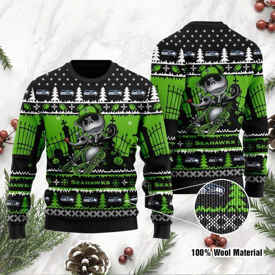 Seattle Seahawks Jack Skellington Halloween Holiday Party Ugly Christmas Sweater