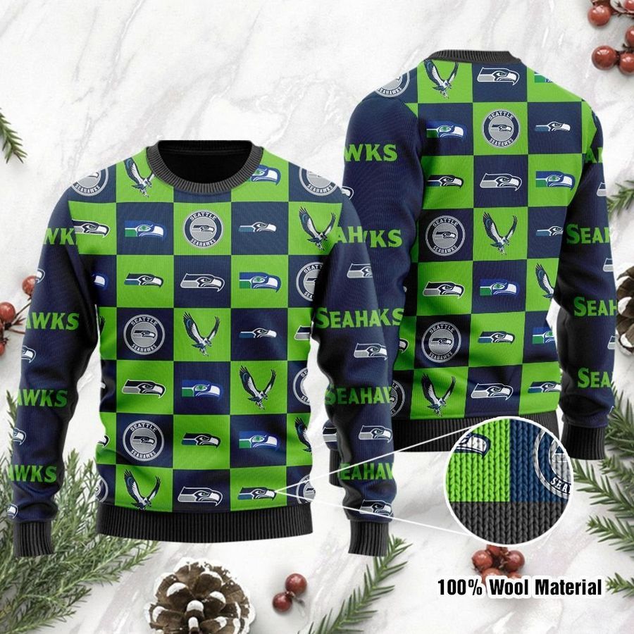 Seattle Seahawks Logo Checkered Flannel Ugly Christmas Sweater Ugly Sweater