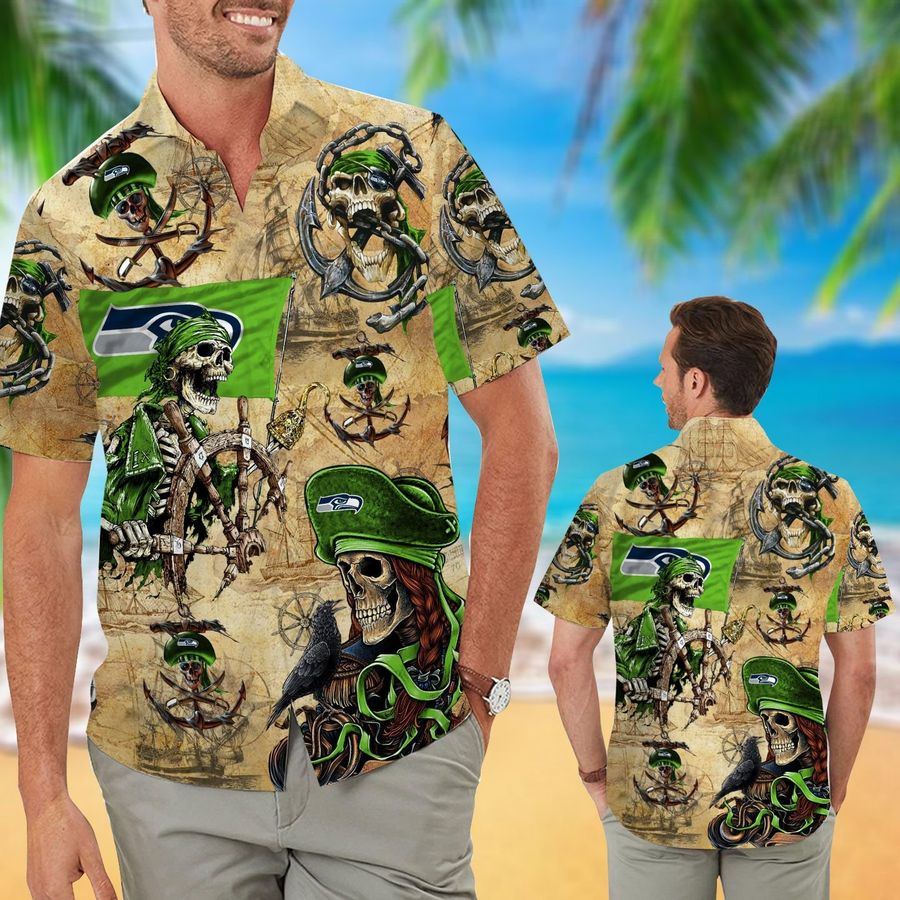 Seattle Seahawks Pirates Aloha Hawaiian Button Up Shirt Retro Vintage Style Full Size For Sale
