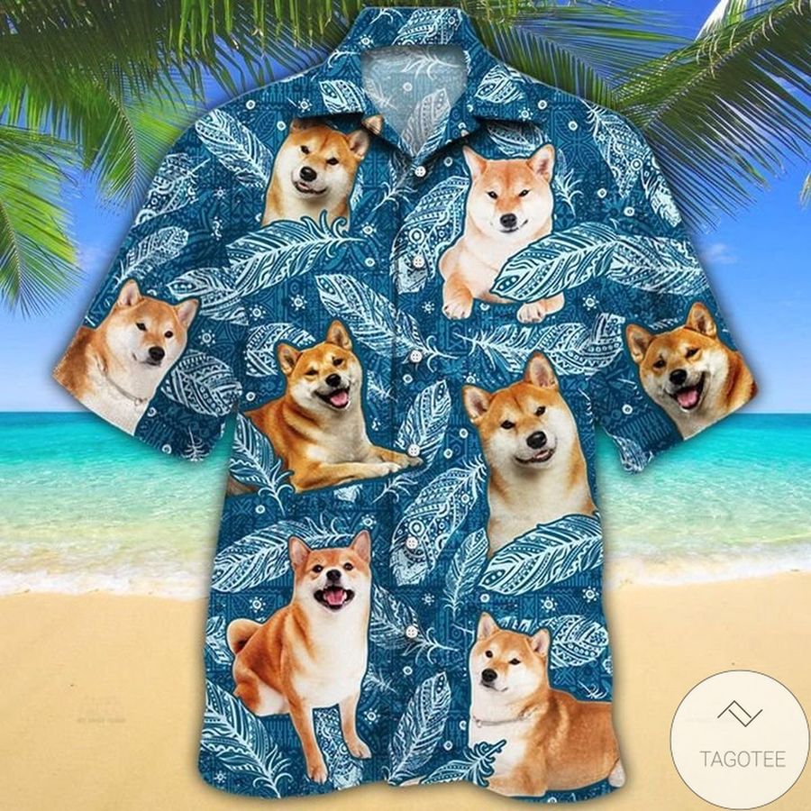 Shiba Inu Dog Lovers Blue Feather Hawaiian Shirt