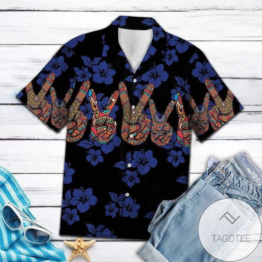 Shop Blue Mandala Peace Symbol V Sign Hippie Hawaiian Aloha Shirts
