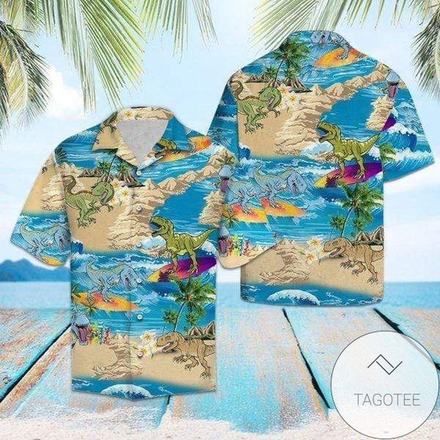 Shop Comic Dinosaur Surfing Tropical Hawaiian Aloha Shirts