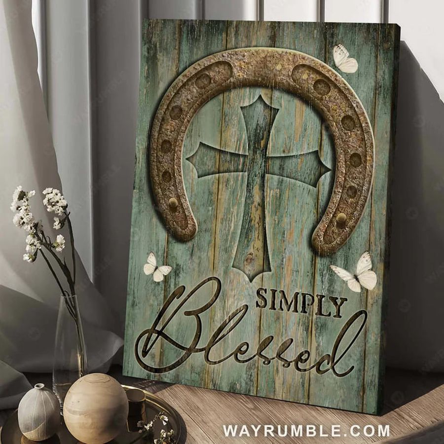 Simply blessed horseshoe with Christian cross, butterfly