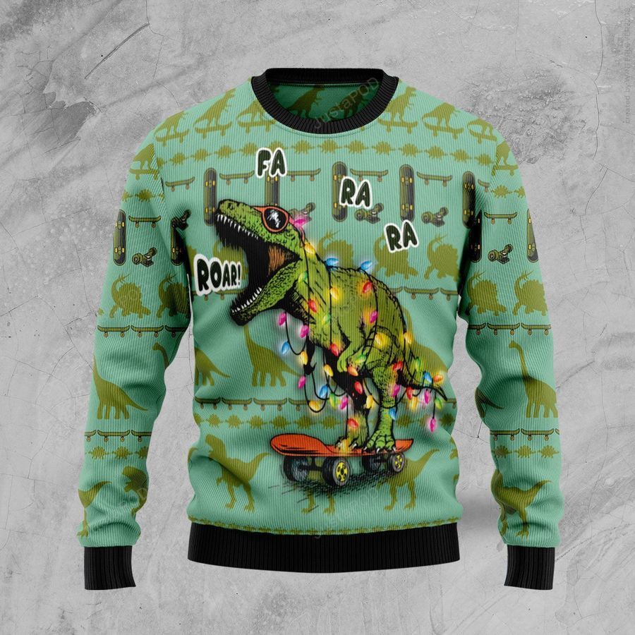 Skateboard Dinosaur Ugly Christmas Sweater All Over Print Sweatshirt Ugly