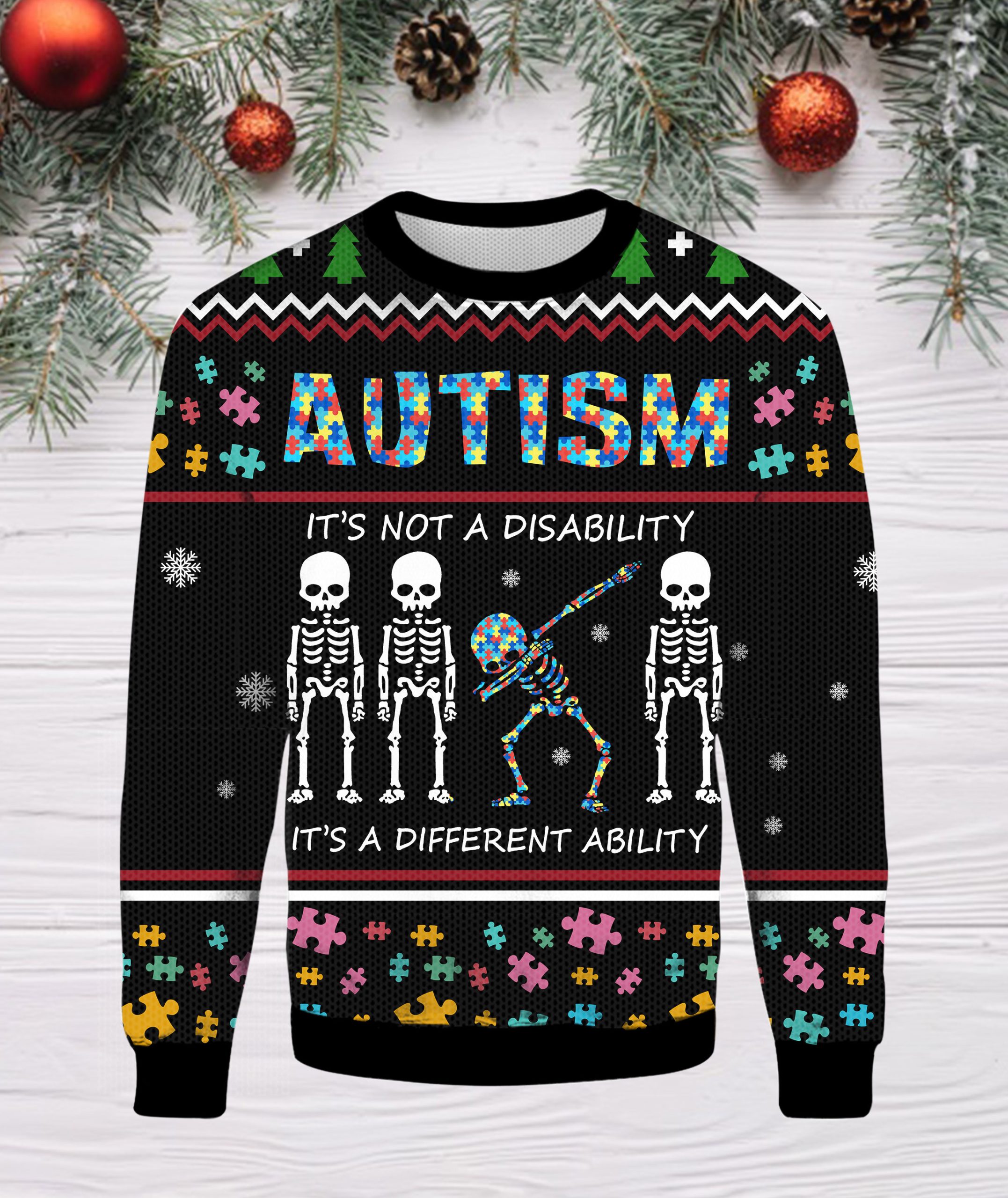 Skeleton Autism Autism It's Not A Disability It's A Different Ability Ugly Autism Acceptance Autism Awareness Christmas Happy Xmas Wool Knitted Sweater
