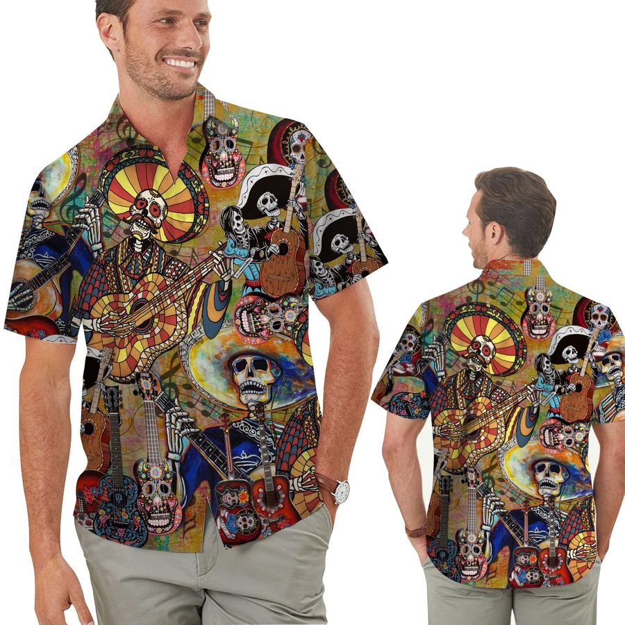 Skeleton Palying Guitar Retro Vintage Design Men Hawaiian Shirt For Guitarists