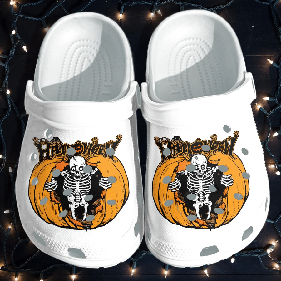 Skeleton Tattoo Going Out Of Pumpkin Shoes Clog - Halloween Crocs Crocband Clog Birthday Gift For Man Woman.png