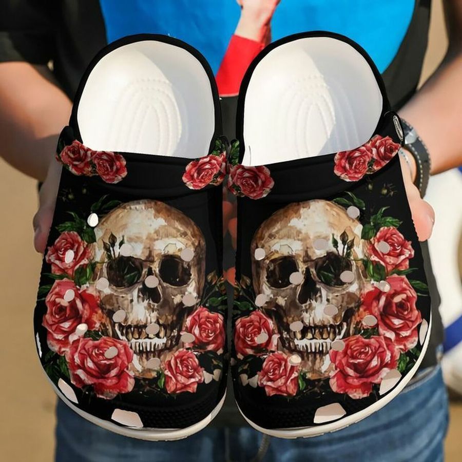 Skull And Red Floral 102 Gift For Lover Rubber Crocs Crocband Clogs, Comfy Footwear