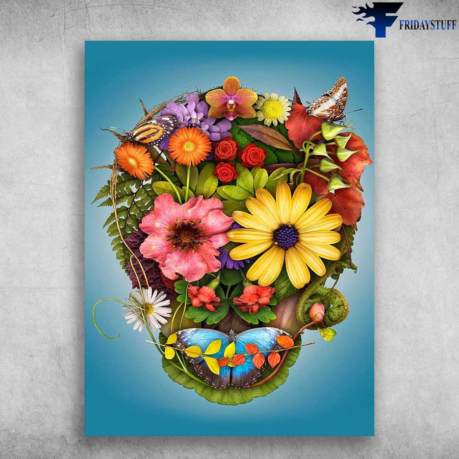 Skull Flower, Skull Poster, Butterfly Flower Home Decor Poster Canvas