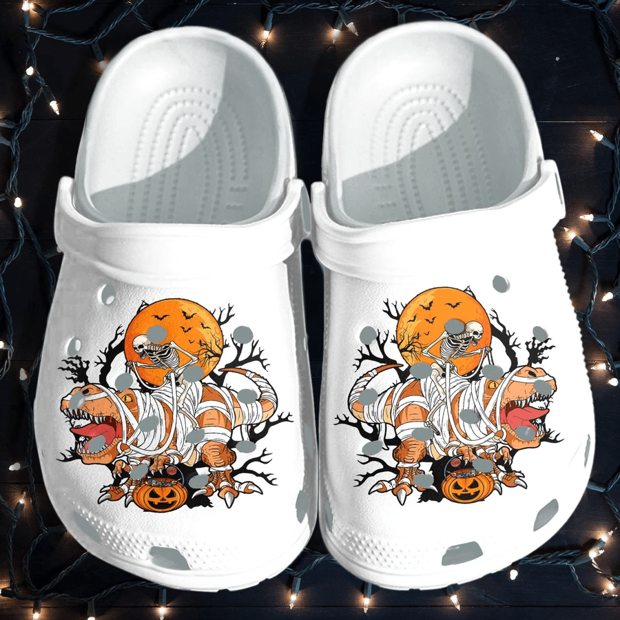 Skull Tattoo Riding Dinosaur Pumpkin Halloween Crocs Shoes Clog ...