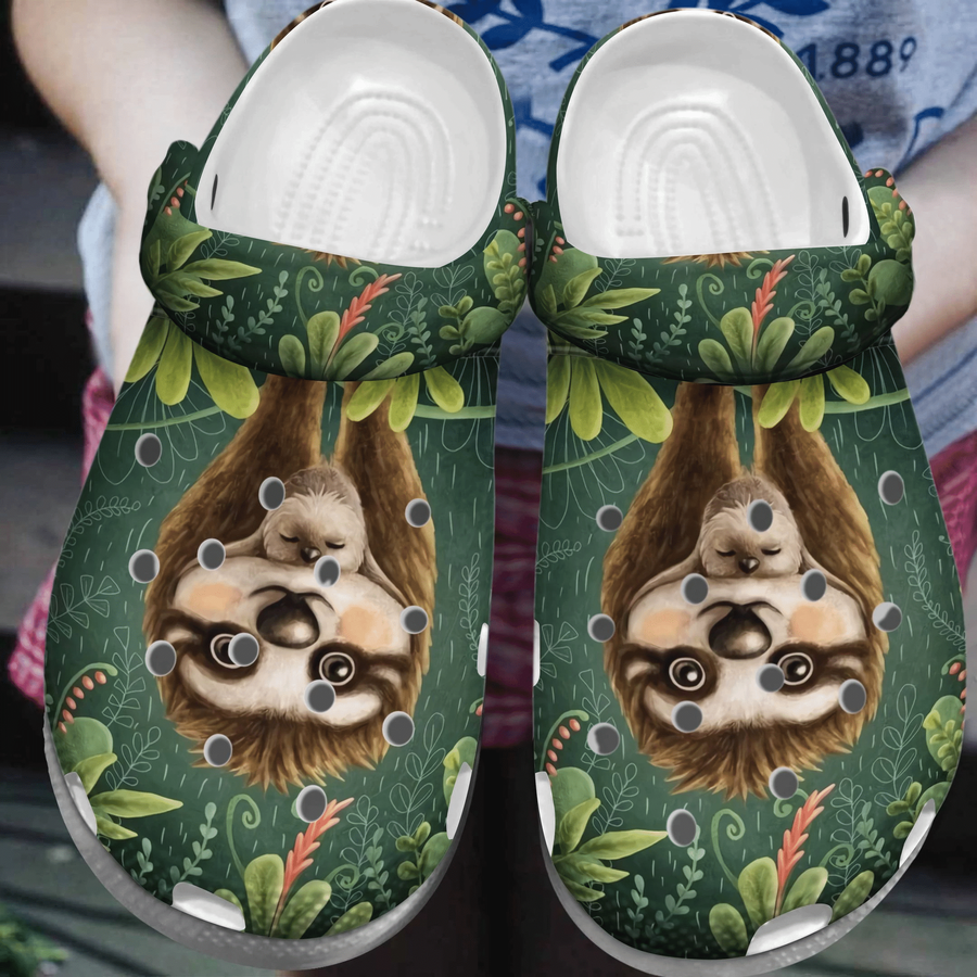 Sloth Mom With Baby Tropical  Gift For Lover Rubber Crocs Crocband Clogs, Comfy Footwear Men Women Size Us.png