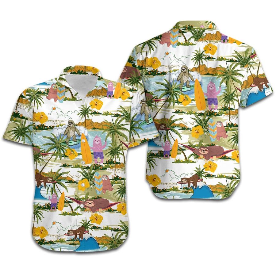 Sloth Surfing Tropical Coconut Tree Hawaiian Shirt For Women For Sloth Lovers