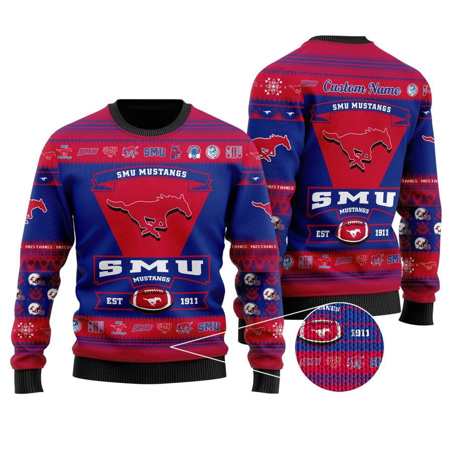 SMU Mustangs Football Team Logo Custom Name Personalized Ugly Christmas Sweater, Ugly Sweater, Christmas Sweaters, Hoodie, Sweatshirt, Sweater
