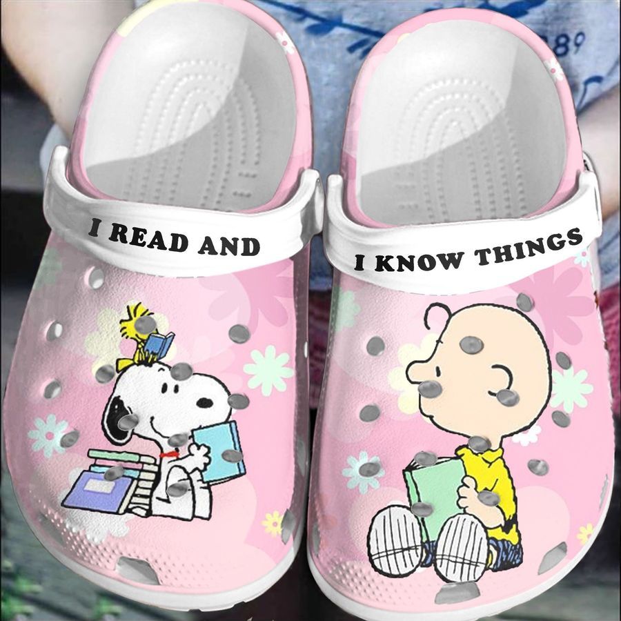 Snoopy And Charlie Brown Peanust I Read And I Know Things Gift For Fan Classic Water Rubber Crocs Crocband Clogs, Comfy Footwear