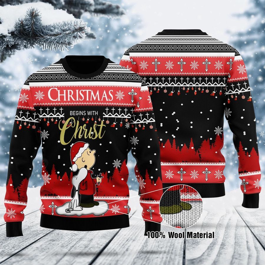 Snoopy and Charlie Christmas begins with christ Christmas sweater Ugly