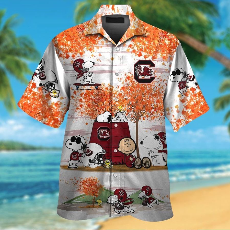 South Carolina Gamecocks Snoopy Autumn Short Sleeve Button Up Tropical Aloha Hawaiian Shirts For Men Women