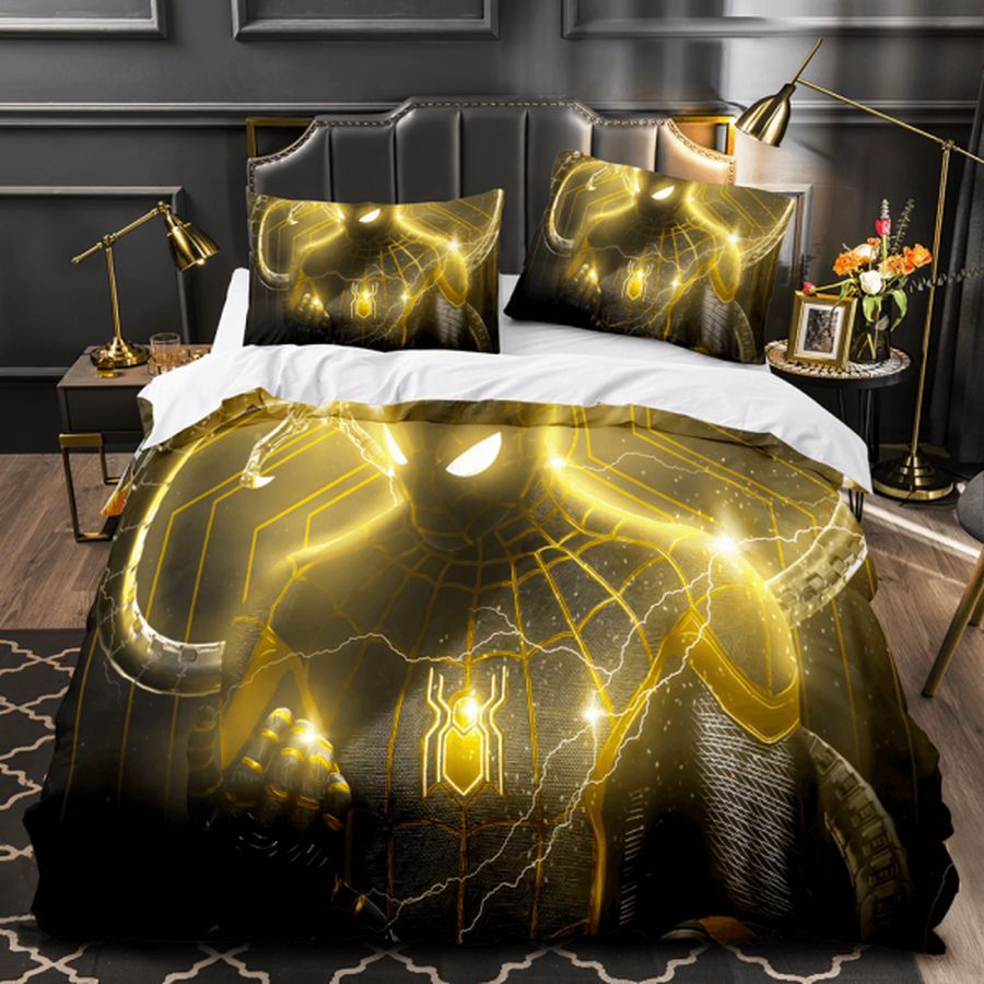 Spiderman In Electric Suit With Black And Gold Background Bedding Set Queen