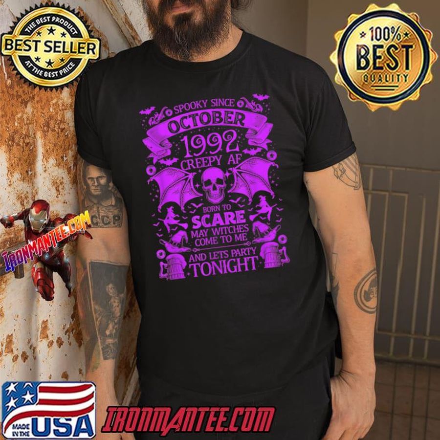 Spooky Since October 1992 Creepy Af Scare May Witches Tonight Skull Bats Halloween Birthday T-Shirt