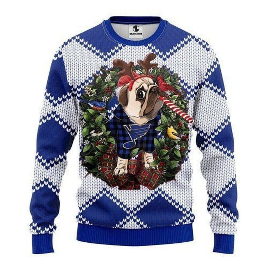 St Louis Blues Pug Dog Ugly Christmas Sweater All Over