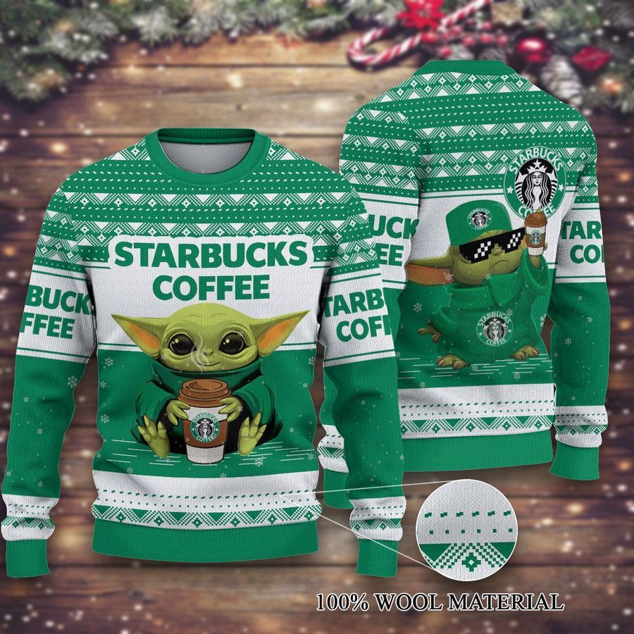 Starbucks Coffee Baby Yoda Merry Christmas Knitted Ugly Sweater