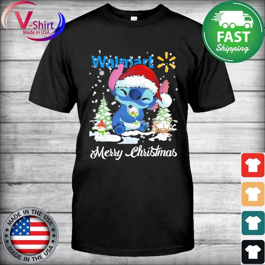 Stitch Santa Hat Hug Snowman Walmart Logo Merry Christmas Shirt
