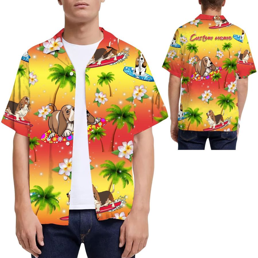 Surfing Basset Hound Coconut Tree Custom Name Men Hawaiian Shirt For Dog Lovers