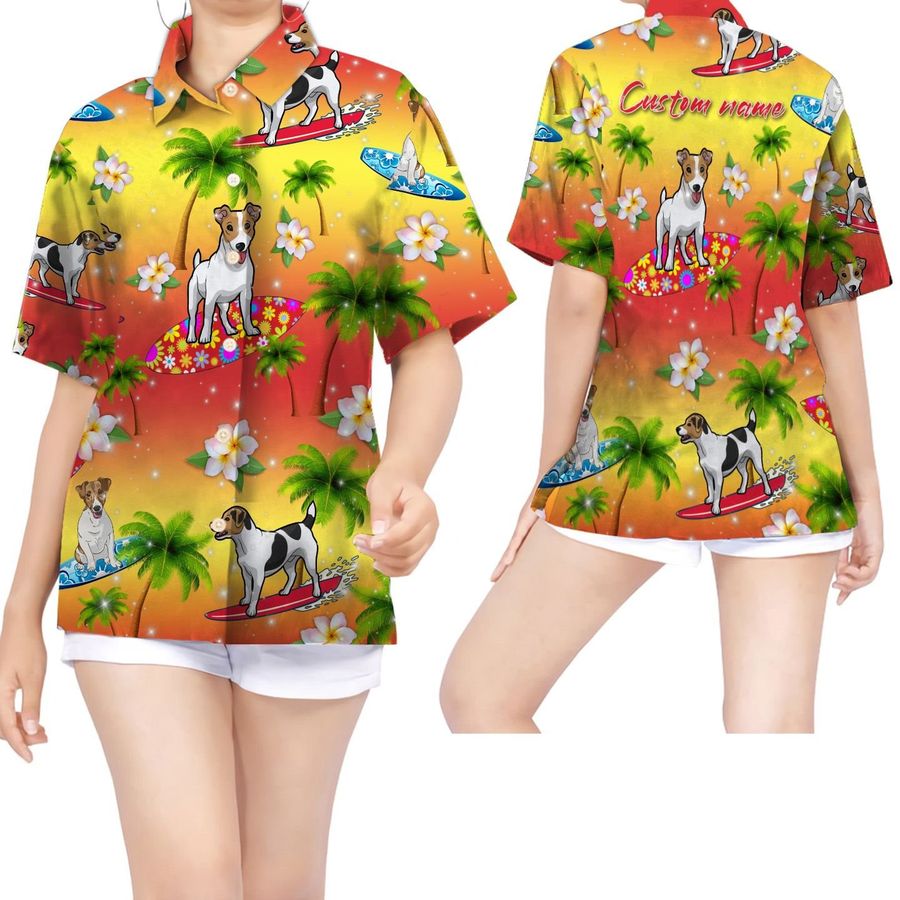Surfing Jack Russell Coconut Tree Custom Name Women Hawaiian Shirt For Dog Lovers