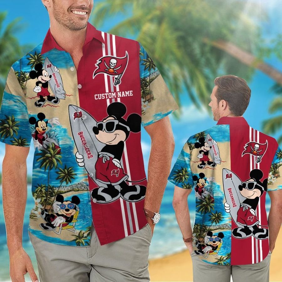 Tampa Bay Buccaneers Mickey Custom Name Short Sleeve Button Up Tropical Aloha Hawaiian Shirts For Men Women
