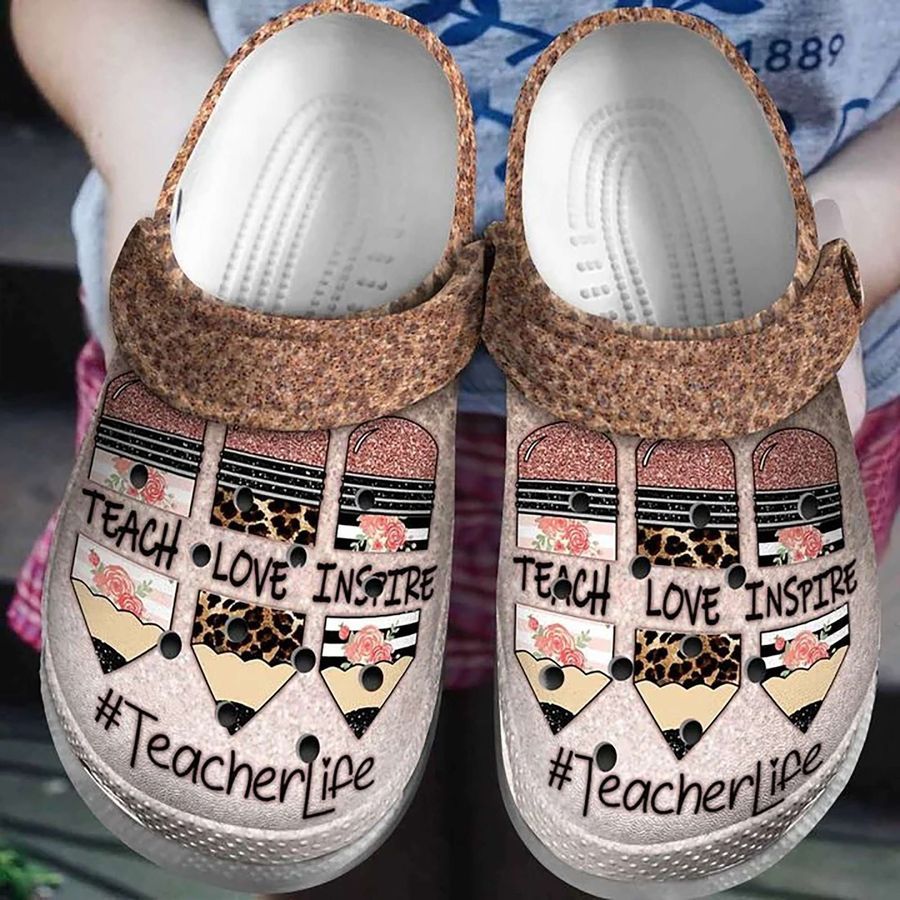 Teacher Life Teach Love Inspire Gift For Fan Classic Water Rubber Crocs Crocband Clogs, Comfy Footwear
