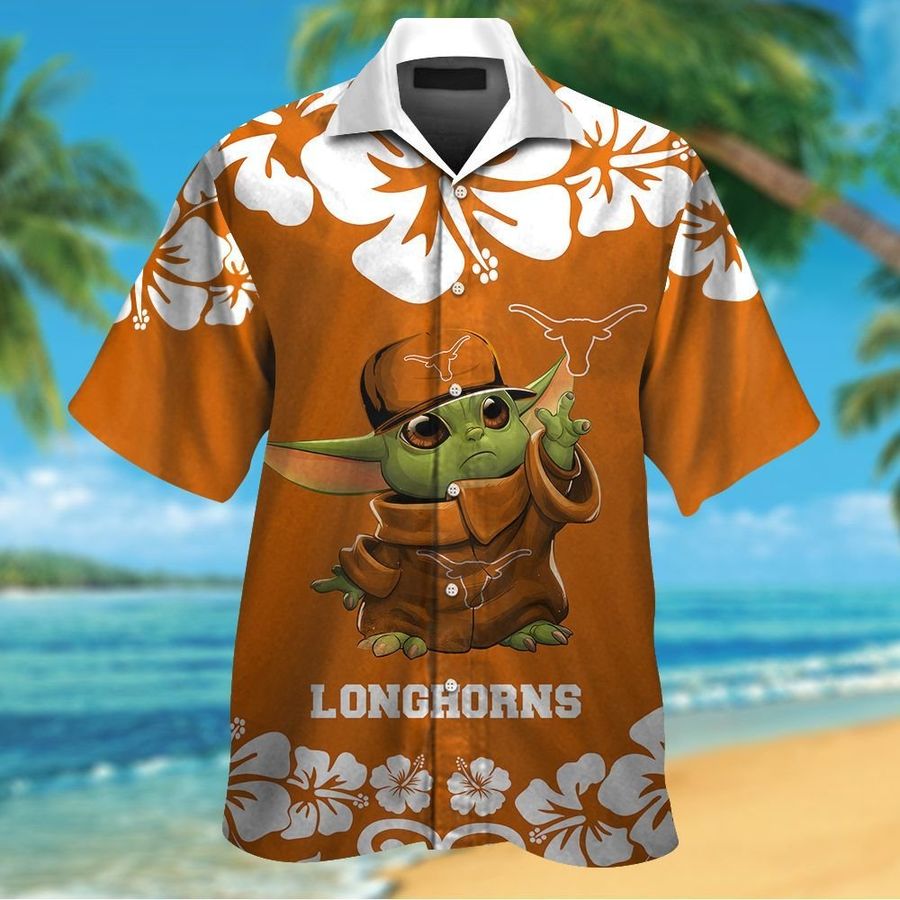 Texas Longhorns Baby Yoda Short Sleeve Button Up Tropical Aloha Hawaiian Shirts For Men Women