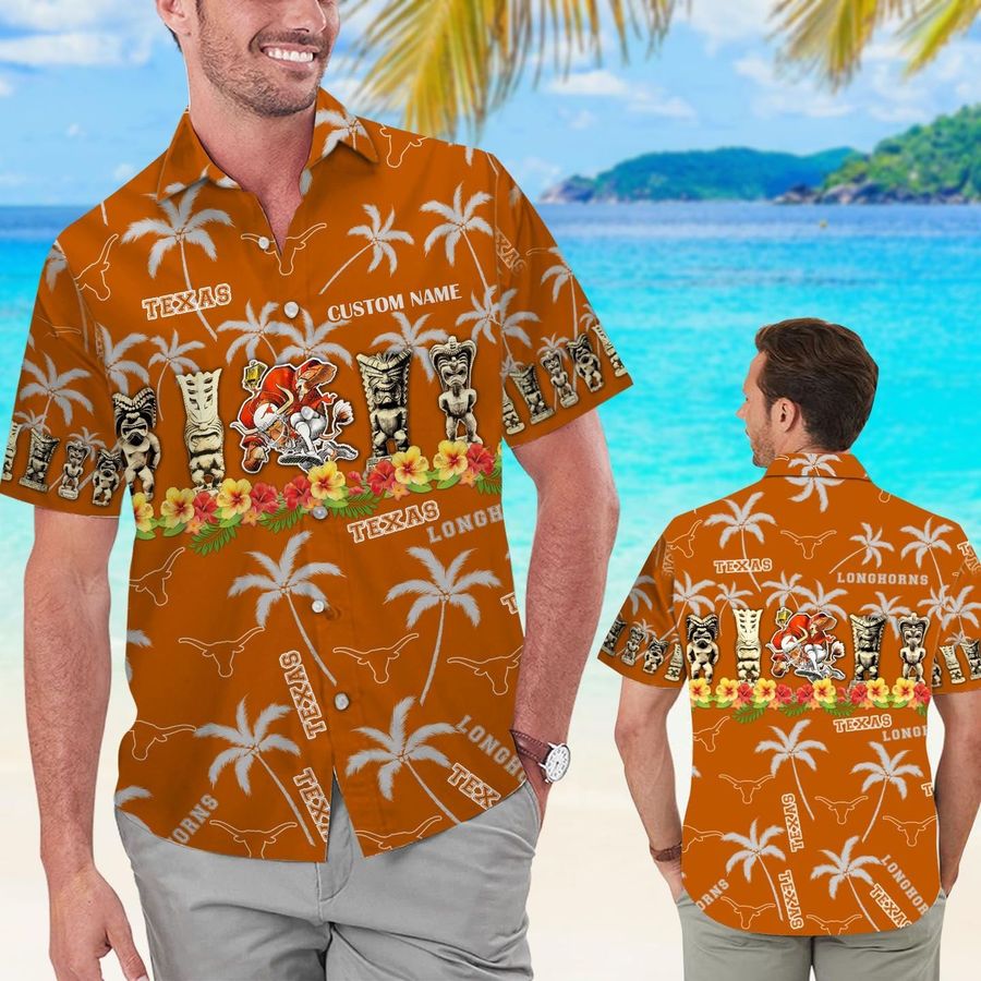 Texas Longhorns Custom Name Short Sleeve Button Up Tropical Aloha Hawaiian Shirts For Men Women University Of Texas At Austin