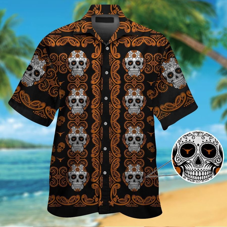 Texas Longhornsskull Short Sleeve Button Up Tropical Aloha Hawaiian Shirts For Men Women