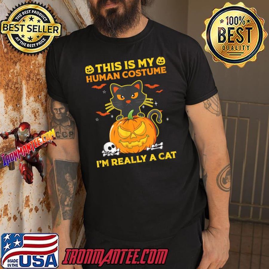 This Is My Human Costume I'm Really A Cat Pumpkin Bats Halloween T-Shirt