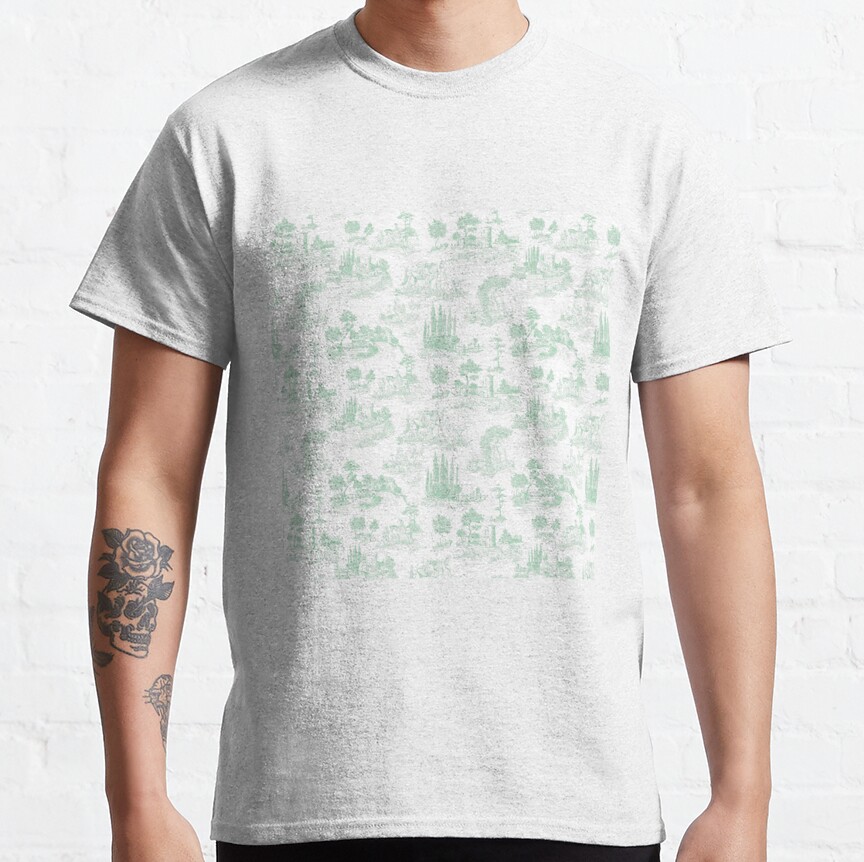 Toile de Jouy Vintage French Romantic Pastoral Light Green and White Classic T-Shirt