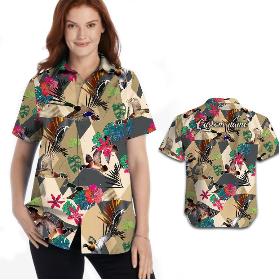Tropical Leaves Mallard Duck Hunting Custom Name Women Hawaiian Shirt For Hunters In Daily Life