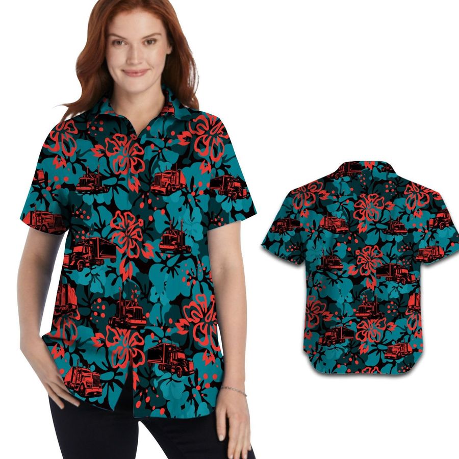 Truck Blue Hibiscus Silhouettes Women Aloha Hawaiian Button Up Shirt For Truckers In Summer Beach Vacation