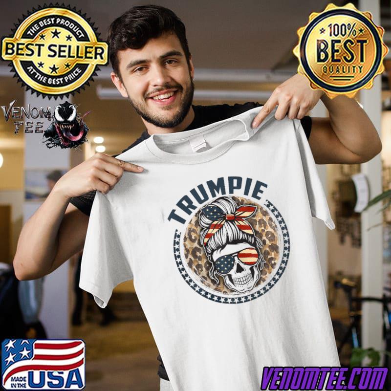 Trumpie Anti Biden Messy Bun Sunglasses Usa Flag Leopard T-Shirt